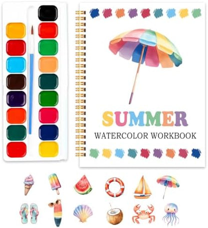 Easy Summer Holiday Watercolor Workbook, Water Coloring Book, 12 Patterns, 18 Colors Watercolors Paint Set, Watercolor Kit for Beginners, Relaxing DIY Art Gift for Adults Women Teen by SHLINCO