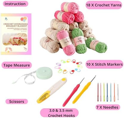 CSWCS Crochet Blanket Kit for Beginners, 40 inches Flower Bouquet Shawl Throw Kits for Adults, Learn How to Knitting with Yarn, Hook & Instructions, Gifts for Women Home Decor (Pink-red Hydrangea Kit) - Image 3