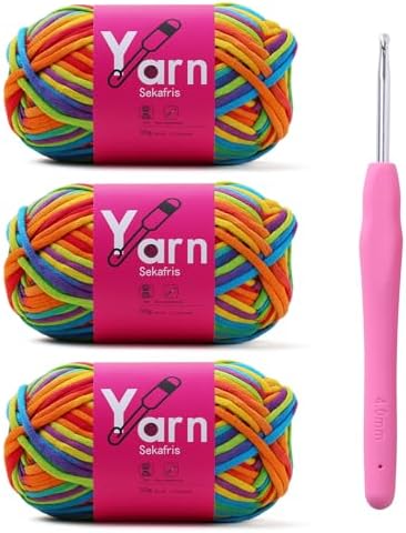 Beginner Yarn for Crocheting Cotton Crochet Yarn #4 Rainbow by Sekafris