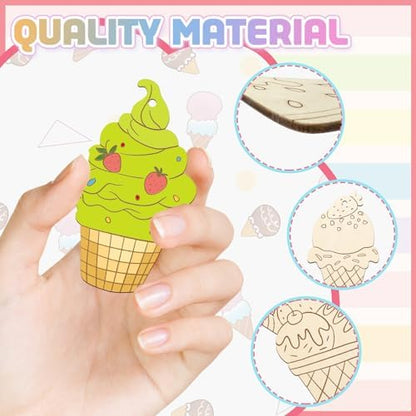 80PCS Wooden Ice Cream Cutouts Ornaments to Paint,Summer Decorations 8 Styles DIY Blank Unfinished Wood Cutouts Ornament for Crafts Hanging Decorations - Image 3