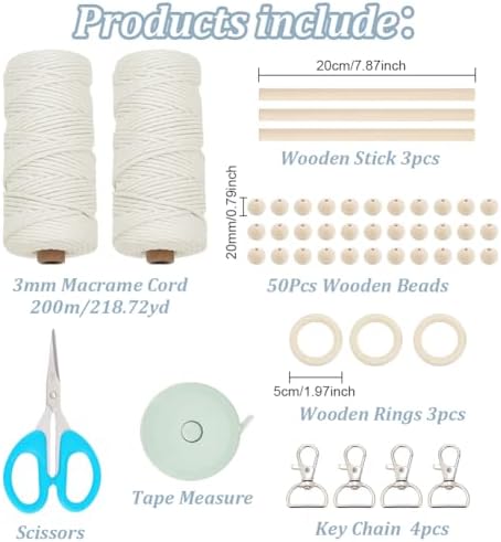 INFUNLY 10 Set DIY Macrame Kit for Beginners Boho Macrame Wall Hanging Tapestry Kit with Instruction Beige Cotton Cord Keychain Kit Handmade Plant Hanger Kit for Adults DIY Ornaments Kit for Home Gift - Image 2