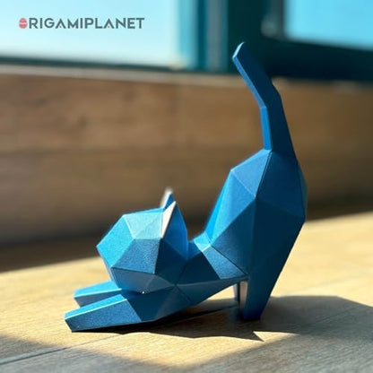 3D Origami Paper Craft Kit, Yoga Kitten Cute DIY Pre-Cut Animal Papercraft Model for Beginners, Fun Handmade Home Decoration Gift for Adults & Teens-Blue - Image 6