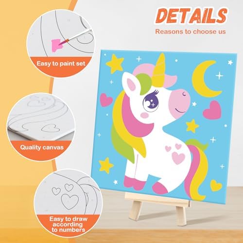 goldentime 6 Pack 8x8inch Paint by Numbers Kit for Kids, Predrawn Canvas for Painting with Unicorn, Butterfly & More, Includes 18 Acrylic Paints, 6 Brushes & Easels, Easy Art Supplies for Kids 4-8-12 - Image 3