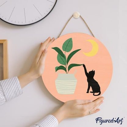 Figured'Art Paint by Numbers Kit for Adults on Wood Slice, 11.8in Diameter - Cat Plays with Plant in The Moonlight - Craft Art Painting DIY Canvas - Image 3