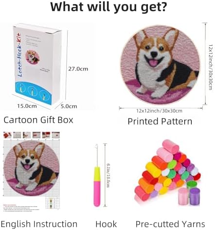 Latch Hook Rug Kit Cute Corgi Dog Easy for Beginners Round Shape Carpet Crochet Yarn Craft Mini Rug DIY Hook and Latch Little Tapestry for Home Decor 30x30cm-4 - Image 2