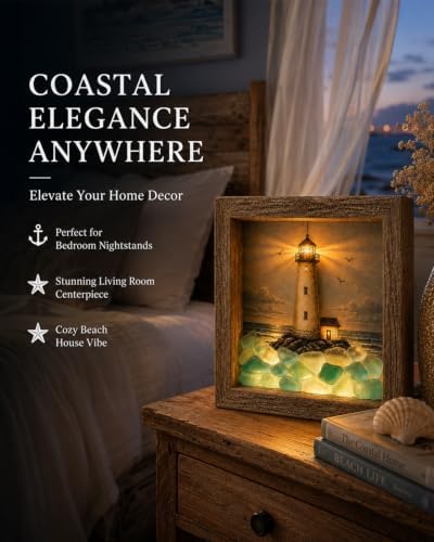 Coastal Lighthouse Sea Glass Shadow Box Night Light Nautical Beach Lamp Home Decor DIY Wooden Picture Frame Ocean Theme Craft Kit Starfish Shells Art Bedside Reading Corner Gift for Adult(#6,Battery) - Image 6