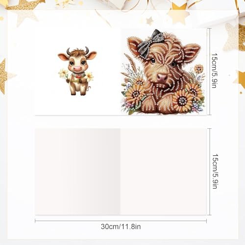 Tontut 6pcs 5D Diamond Art Painting Greeting Card Kit, Sunflower Yellow Cow Adult DIY with Envelope, Special Shape Diamond Design Greeting Card Creative Gift - Image 2
