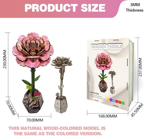 3D Wooden Flower Puzzles, DIY Kits Carnation Wooden Flower Crafts Set, Artificial Flower Model Kit to Assemble, Vase Puzzles for Adults - Image 7
