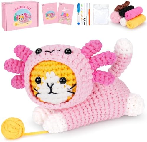 Crochet Kit for Beginners, Cat Dress in Axolotl Crochet Kit, Complete Crochet Animal Kit with Step-by-Step Video Tutorials, Easy Knitting Kit for Adults, DIY Cat Craft Kit for Galentines Gifts by FortuningsJDS