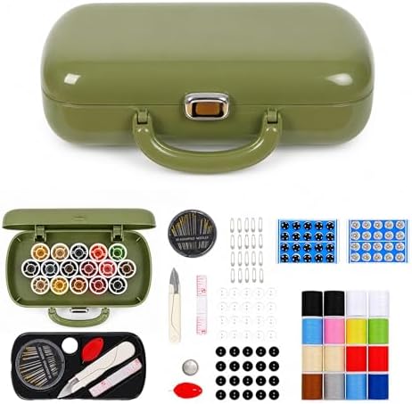 FKOG Retro Green Sewing Project Kit, 151 Pcs Sewing Kit with Portable Retro Hard-Shell Case, 18 Multicolor Thread Spools, Needles, Buttons, and Accessories (Used Green) by FKOG