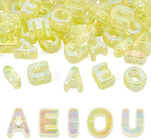 FASHEWELRY 50Pcs Big Crystal Vowel Letter Beads 20mm Colorful Acrylic Vowel Beads 3D Transparent AEIOU Alphabet Bead for DIY Keychains Bracelet Paracord Jewelry Making (Light Yellow) by FASHEWELRY