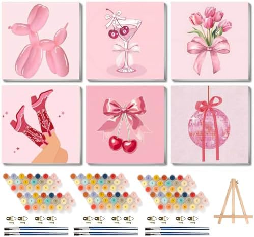 6 Pack Framed Adult Paint by Number Beginners with Wooden Easel,Pink Vintage Paint by Numbers Kit for Adults,Retro DIY Acrylic Paint Kit with Frame,Easy Paint by Numbers Canvas for Decor 8x8 inch by Canrichshop