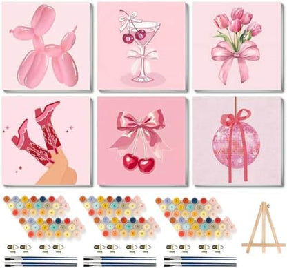 6 Pack Framed Adult Paint by Number Beginners with Wooden Easel,Pink Vintage Paint by Numbers Kit for Adults,Retro DIY Acrylic Paint Kit with Frame,Easy Paint by Numbers Canvas for Decor 8x8 inch by Canrichshop