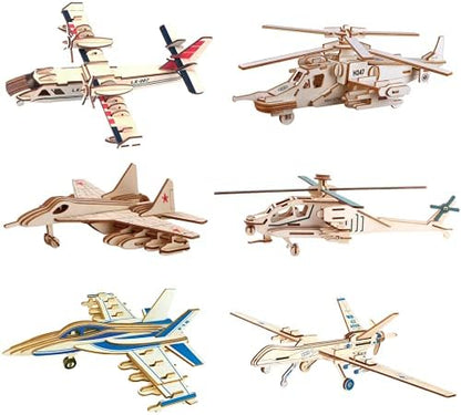 3D Wooden Aircraft Puzzle, 6 Piece Set Aircraft & Helicopter DIY Assembly Build Model Kits, Wood Crafts STEM Brain Teaser Puzzles, 3D Puzzle for Adults & Teens Xmas Birthday Gifts by i-CHONY