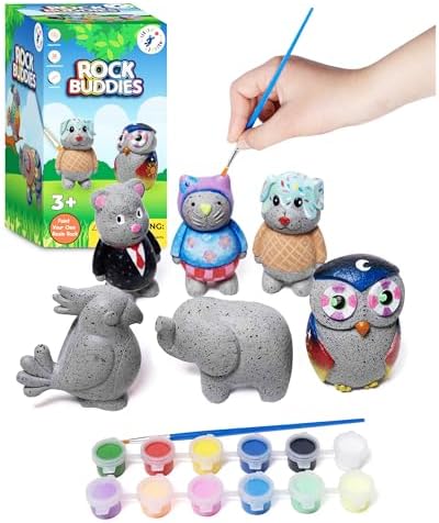 Rock Buddies - DIY Resin Shaped Stone Like Material Animal Figures - Ideal Arts and Crafts for Kids 3-12 Yrs old - Complete Kids Painting Crafts with 6 Projects, Paint, & Brush - Children's Activities by LittleJupiter