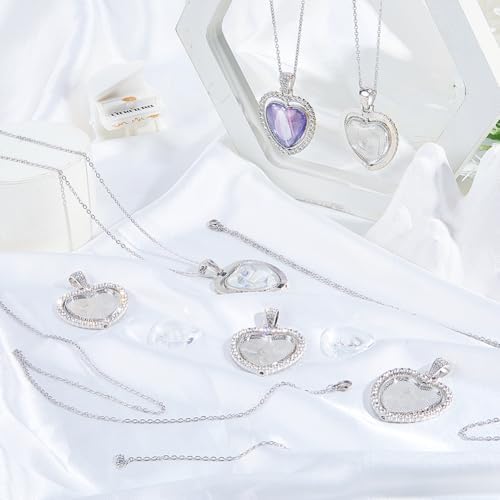 24Pcs 6 Sets Pendant Tray Set Heart Bezel Trays with Glass Cabochons and Chain Shiny Rhinestone Double Sided Rotatable Charm for Jewelry Making Supplies DIY Necklace Birthday Gift Adults - Image 4