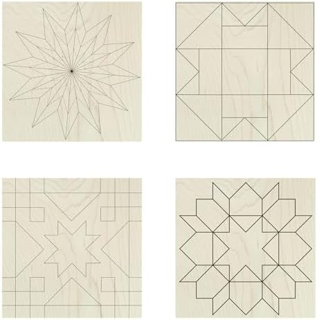Set of 4 Coasters Small Barn Quilt Kit DIY Pattern Unfinished Wood Quilting Block Sign Paintable Art for Adults and Kids (Starburst, Aesthetic Triangles, Cottage Chic Star, Swoon,) by AVTRBoutique
