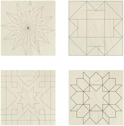 Set of 4 Coasters Small Barn Quilt Kit DIY Pattern Unfinished Wood Quilting Block Sign Paintable Art for Adults and Kids (Starburst, Aesthetic Triangles, Cottage Chic Star, Swoon,) by AVTRBoutique
