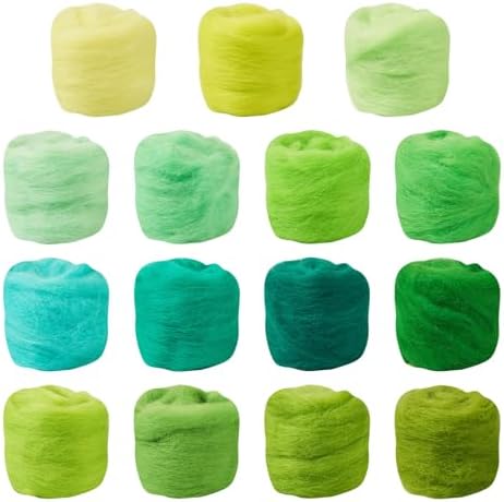 FASHEWELRY 2.65 oz Green Wool Roving for Needle Felting Kit 15 Colors Felting Wool Yarn Core Wool Felt Craft Kit for Adult Beginners Felted Crafts DIY Materials Hand Spinning Supplies by FASHEWELRY