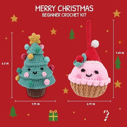 HOUSE CREATIVITY Crochet Kit for Beginners – Make a Christmas Tree & Cupcake, Amigurumi Crochet Starter Kit with Video Tutorial, Yarn & Hook, DIY Holiday Ornament & Cute Desk Decor Gift - Image 2