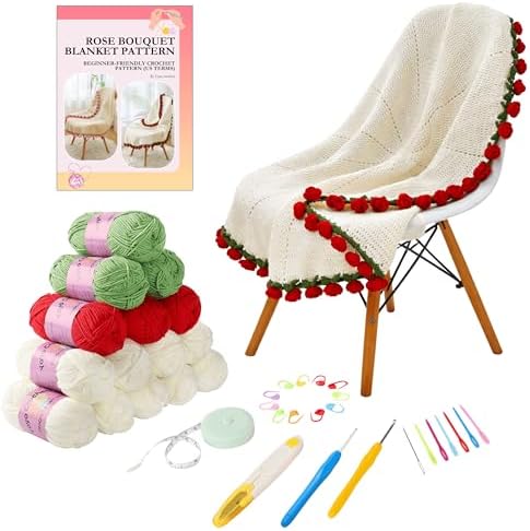 Yoyo Crocheted Rose Blanket Kit for Beginners, 40 inches Flower Bouquet Shawl Kits for Adults, Learn How to Knit with Yarn, Hook & Instructions, DIY Gifts for Women (Red Rose Bouquet Blanket Kits) by Unknown