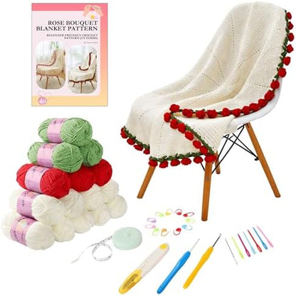 Yoyo Crocheted Rose Blanket Kit for Beginners, 40 inches Flower Bouquet Shawl Kits for Adults, Learn How to Knit with Yarn, Hook & Instructions, DIY Gifts for Women (Red Rose Bouquet Blanket Kits) by Unknown