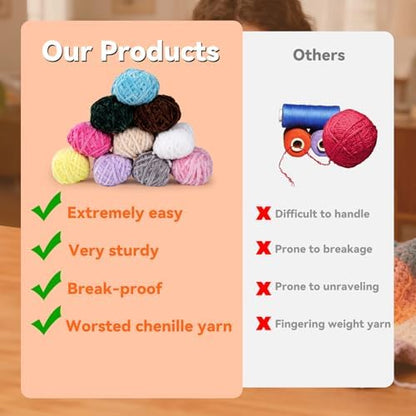Wadukud 36 PCS Chenille Crochet Kit - First Crochet Set for Beginner Include 10 Solid Color Super Soft Chenille Cotton Yarn for Crocheting, Crochet Hooks, Instruction, Bag, Crochet Supplies Gift - Image 4