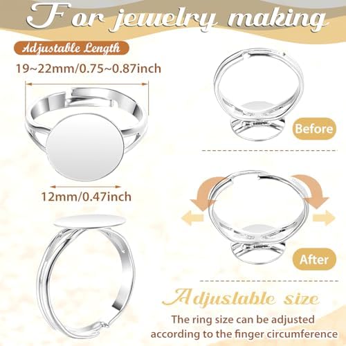 Herdear 40pcs Adjustable Blank Rings 12mm Base, Silver - Image 2