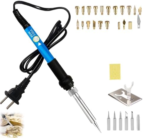 Wood Burning Kit, Adjustable 6 Temperature Pyrography Tool, 60W Iron with 5 Tips & Sponge for DIY Wood Crafts, Wood Art & Pyrography, Ideal for Detailed Shading & Designs (Brass, 30-Piece Set) by Unknown
