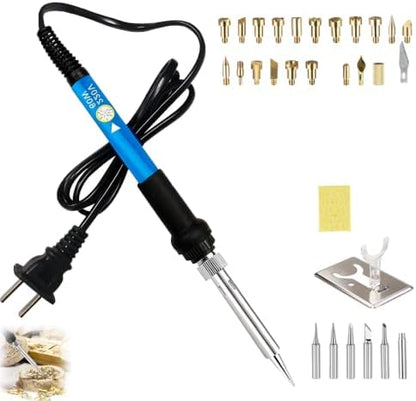 Wood Burning Kit, Adjustable 6 Temperature Pyrography Tool, 60W Iron with 5 Tips & Sponge for DIY Wood Crafts, Wood Art & Pyrography, Ideal for Detailed Shading & Designs (Brass, 30-Piece Set) by Unknown
