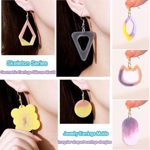 104Pcs Geometric Resin Earring Molds Kit, Flower Shaped Earrings Silicone Mold for Epoxy Resin Dangle Drop Jewelry Molds Making Kit with 100 Earring Hook for Earrings Necklace Pendants (Irregular) - Image 2
