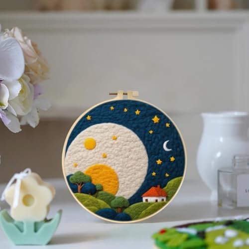 YEESAM ART Needle Felting Picture Kits Moon Night Cottage for Beginners Adults, DIY Wool Felt Painting Starter Kit with Frame and Tools for Home Decor - Image 2