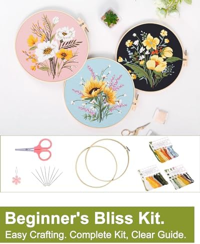 Santune 3 Pack Flower Embroidery Kit for Beginners Adults Cross Stitch Needlepoint Kits Hand Craft with Plant Patterns,3 Instructions,1 Hoop,Threads and 6 Needles - Image 5