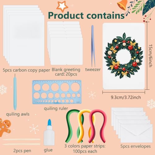 WEBEEDY 20 Sets Christmas Paper Quilling Kit Handmade Greeting Card with Envelopes 3D Christmas Trees Wreaths Ball Stars Card Making Kit with Instuction for Adult Beginner Holiday Decor Gift - Image 2