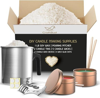CraftBud DIY Soy Candle Making Kit for Adults & Kids, 16 Piece DIY Kit Includes 1LB Soy Wax, Wax Melter, Wicks, Tins & More by CraftBud