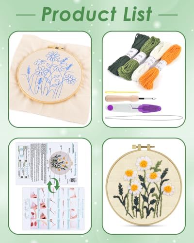 ERKOON Punch Needle Kit Beginners Adults, DIY Easy Flower Embroidery Set for Starter Art Craft, Needling Punching Project with Patterns, Tools, Yarns, Hoop, Instruction (Daisy) - Image 2