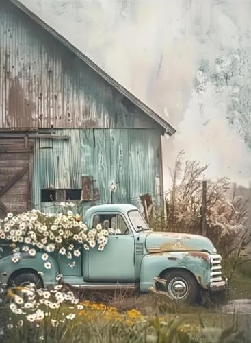 Truck and Barn Paint by Numbers Kit for Adults Framed Canvas, Frameworkless by FairylandJinWenn