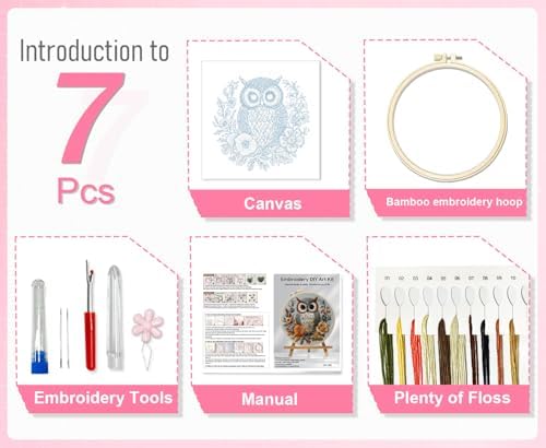 Huacan Embroidery Kit for Beginners Adults Includes Stamped Owl Pattern, Hoop, Color Threads,Tools,Easy to Follow Instruction - Image 2