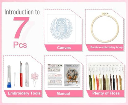 Huacan Embroidery Kit for Beginners Adults Includes Stamped Owl Pattern, Hoop, Color Threads,Tools,Easy to Follow Instruction - Image 2