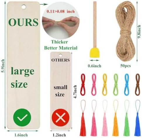 Rcpuirl 50 PCS Extra Large Thick Wood Bookmark with Tassels & Gift Ribbons – Unfinished Wooden Bookmarks to Paint, Bulk Blank Bookmarks for DIY Crafts, Painting, Wedding, Birthday Party Decors - Image 2