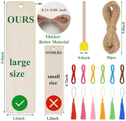 Rcpuirl 50 PCS Extra Large Thick Wood Bookmark with Tassels & Gift Ribbons – Unfinished Wooden Bookmarks to Paint, Bulk Blank Bookmarks for DIY Crafts, Painting, Wedding, Birthday Party Decors - Image 2