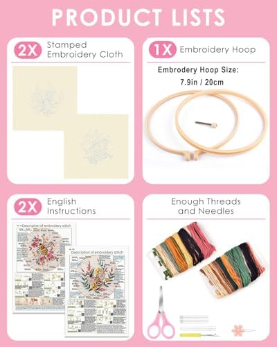 TINDTOP 2 Pack Embroidery Kit for Adult, Embroidery DIY Starter Kit, with Stamped Patterns, Hoop, Tools, Colorful Threads with Needles, Instructions (Bee) - Image 2