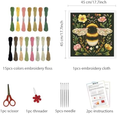 FREEBLOSS 11CT Stamped Cross Stitch Kit for Adults Beginners with Instructions Bees and Floral Pattern Cross Stitch Wall Hanging Kit Embroidery Wall Art Decoration No Frame 18x18in - Image 2