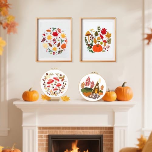 5 Sets Fall Embroidery Kit for Beginners Adults Embroidery Starter Kit Mushroom Maple Leaf Autumn Cross Stitch Kits Embroiderys Needlepoint Kits Include Instruction 2 Hoops Color Threads Needles - Image 7