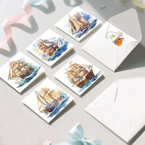 12 Pack Diamond Painting Greeting Cards Kit with Envelopes, 5D DIY Sailing Ship Nautical Ocean Diamond Art Cards, Fathers Day Birthday Cards for Men Him Dad Adults - Image 2