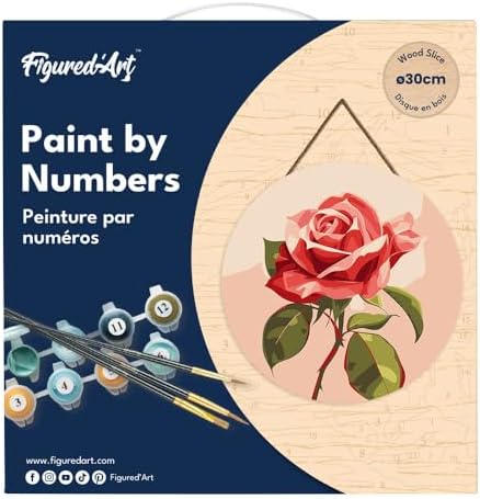 Figured'Art Paint by Numbers Kit for Adults on Wood Slice, 11.8in Diameter - Red Rose - Craft Art Painting DIY Canvas - Image 5