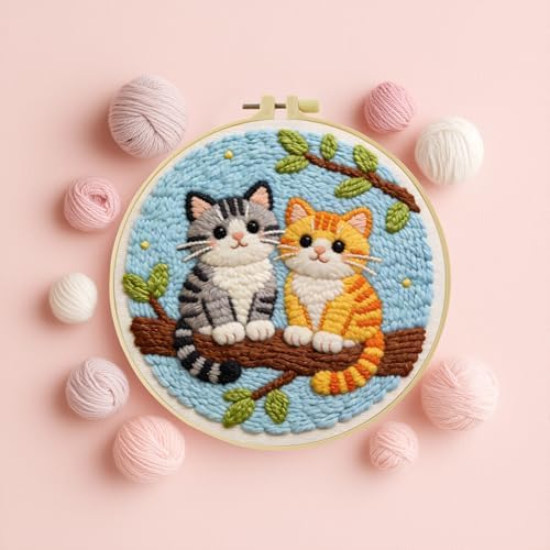 JOZYSH Punch Needle Embroidery Starter Kits for Beginners Cute Snow-White cat Curled up Comfortably on a Branch Adorned Hoops,Color Threads,Instructions and Needles,DIY Adults Embroidery (Cat) by Unknown