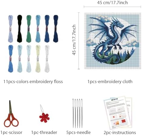 FREEBLOSS 11CT Cross Stitch Kits for Beginner Dragon Stamped Cross Stitch Kit Landscape DIY Embroidery Wall Art Painting Kit with Instructions 17.7" x 17.7" - Image 2