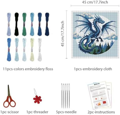 FREEBLOSS 11CT Cross Stitch Kits for Beginner Dragon Stamped Cross Stitch Kit Landscape DIY Embroidery Wall Art Painting Kit with Instructions 17.7" x 17.7" - Image 2
