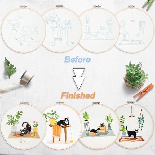 Bonroy 4 Sets Embroidery Set for Beginners, Art Craft, Easy Sewing, Includes Embroidery Clothing, Pattern, Embroidery Hoop, Instruction Manual, Colorful Thread Stitch Set (Cat) - Image 4